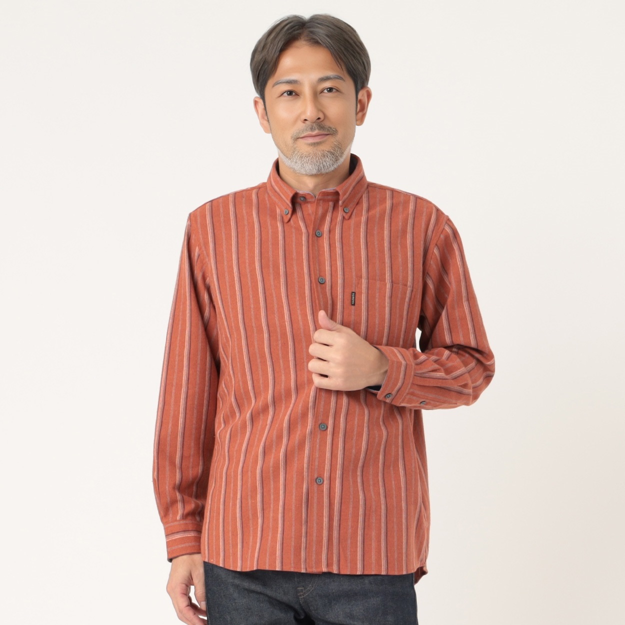ムササビwoolenストライプシャツ（襟付き・ウール混オリジナルシャツ）【SANKAKU STAND】 ストライプネルシャツ（ウール混紡）