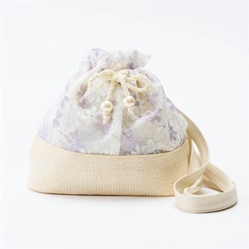 425.リネン　スカラップレースの巾着袋　A リネンとコットンレースの手刺繍巾着袋(ミモザ) - MULBERRY-Y'S