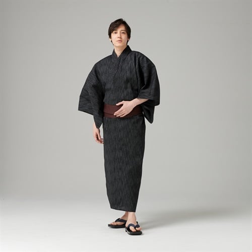 【ポイント20倍対象商品】メンズゆかた ワンタッチ結び帯との2点セット 簡単着付け M/L  ゆかた:綿100%(クロ-M)