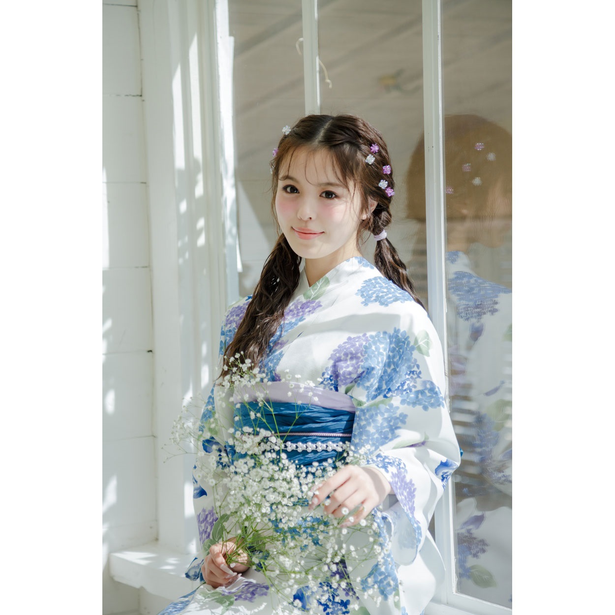 キャミワンピゆかた(ゆかた+へこ帯) 2点セット レディス(紫陽花-L-LL)