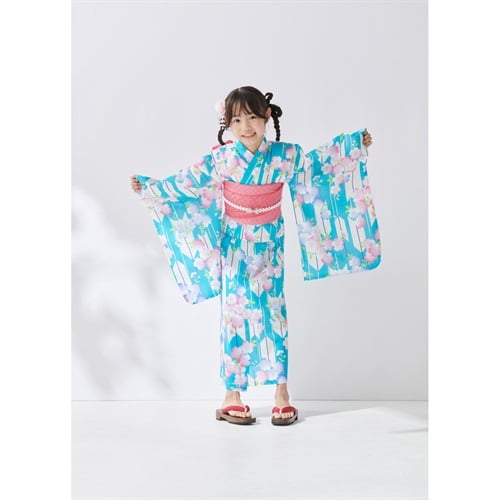 すかあとゆかた(ゆかた+へこ帯) 2点セット キッズ(矢絣に桜-120)