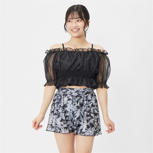 【ポイント20倍対象商品】オーガンジーオフショルビキニキュロット付き３点セット レディス 水着 レディース(クロ-11ｺﾞｳ)