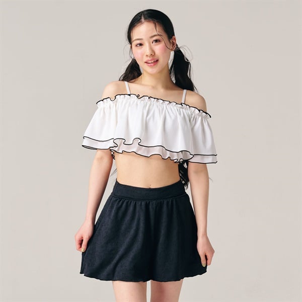 【ポイント20倍対象商品】ハイショクメローオフショルビキニキュロット付き３点セット レディス 水着 レディース(シロ-7ｺﾞｳ)
