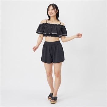 【ポイント20倍対象商品】ハイショクメローオフショルビキニキュロット付き３点セット レディス 水着 レディース(クロ-7ｺﾞｳ)