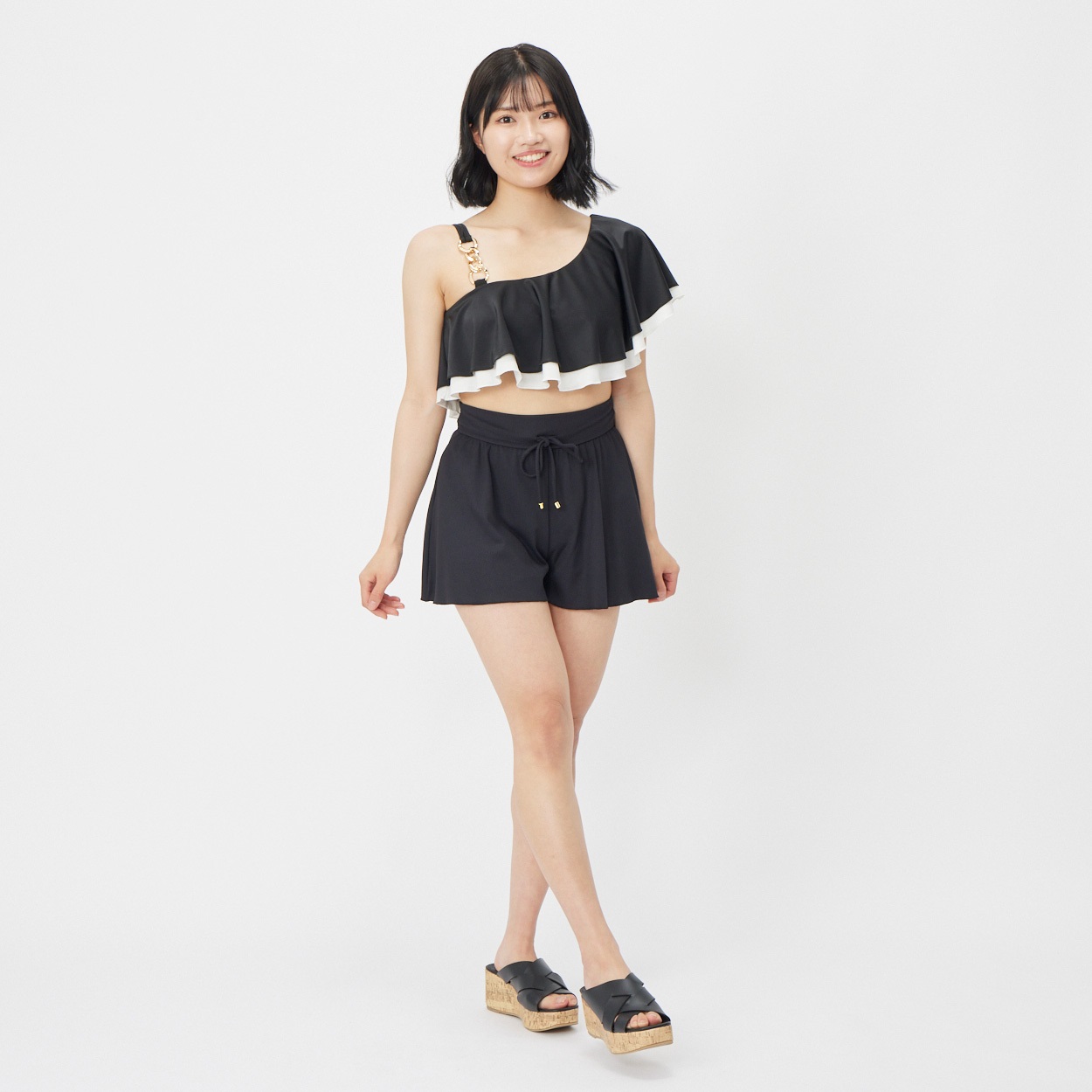 ワンショルビキニリブキュロット付き3点セット レディス 水着