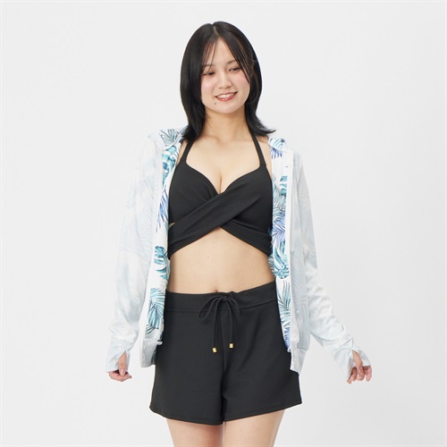 【ポイント20倍対象商品】リーフ柄裏プリントパーカー 水陸両用ウェア レディス 水着 レディース(シロ-XL)