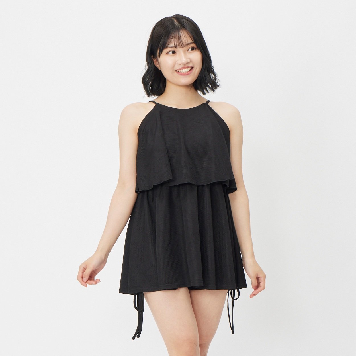 Chloe☆関税込☆装飾フリルホルターネック水着 ブラック ホルターネックフリルキャミタンキ二 レディス 水陸両用ウェア