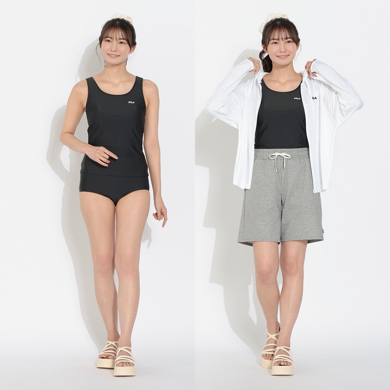 FILA(フィラ) タンキニ水着 4点セット ＵＶ対策パーカ無地 ショートパンツ杢天竺付 レディス TK4-316-056(シロ-9ｺﾞｳ)