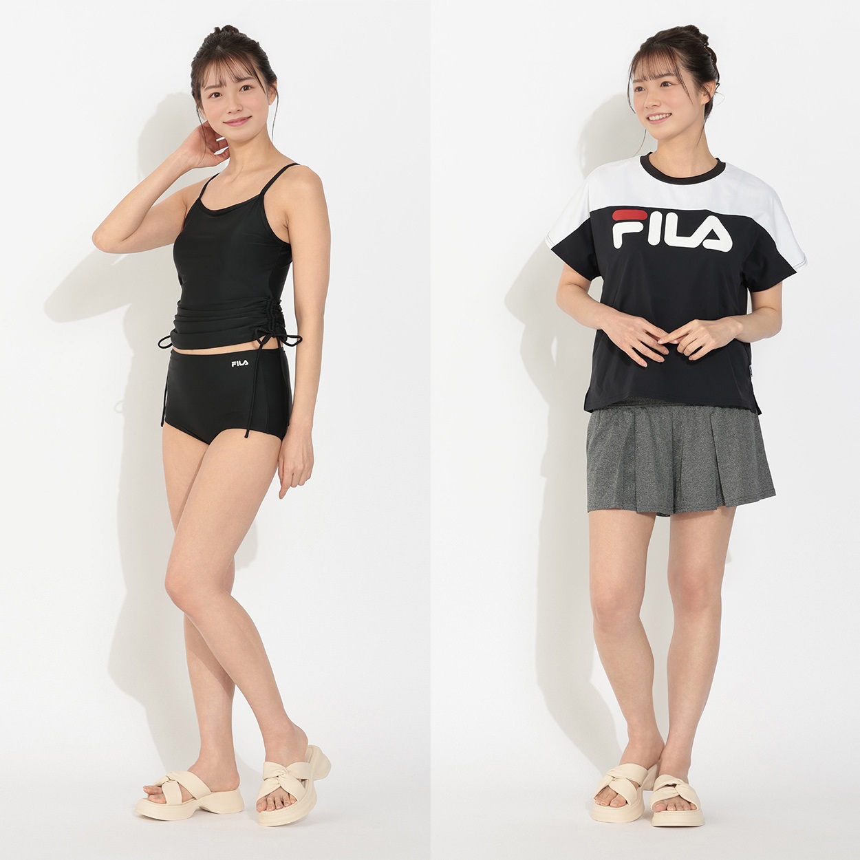 FILA(フィラ) タンキニ水着 4点セット 配色ロゴTシャツ ショートパンツ杢天竺付 レディス TK4-326-601(クロ-11ｺﾞｳ)