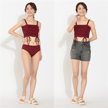 ビキニ３点セット ギャザートップスビキニ デニムパンツ付 Beach Dream レディス BK3-211520-K(コイアカ-7ｺﾞｳ)