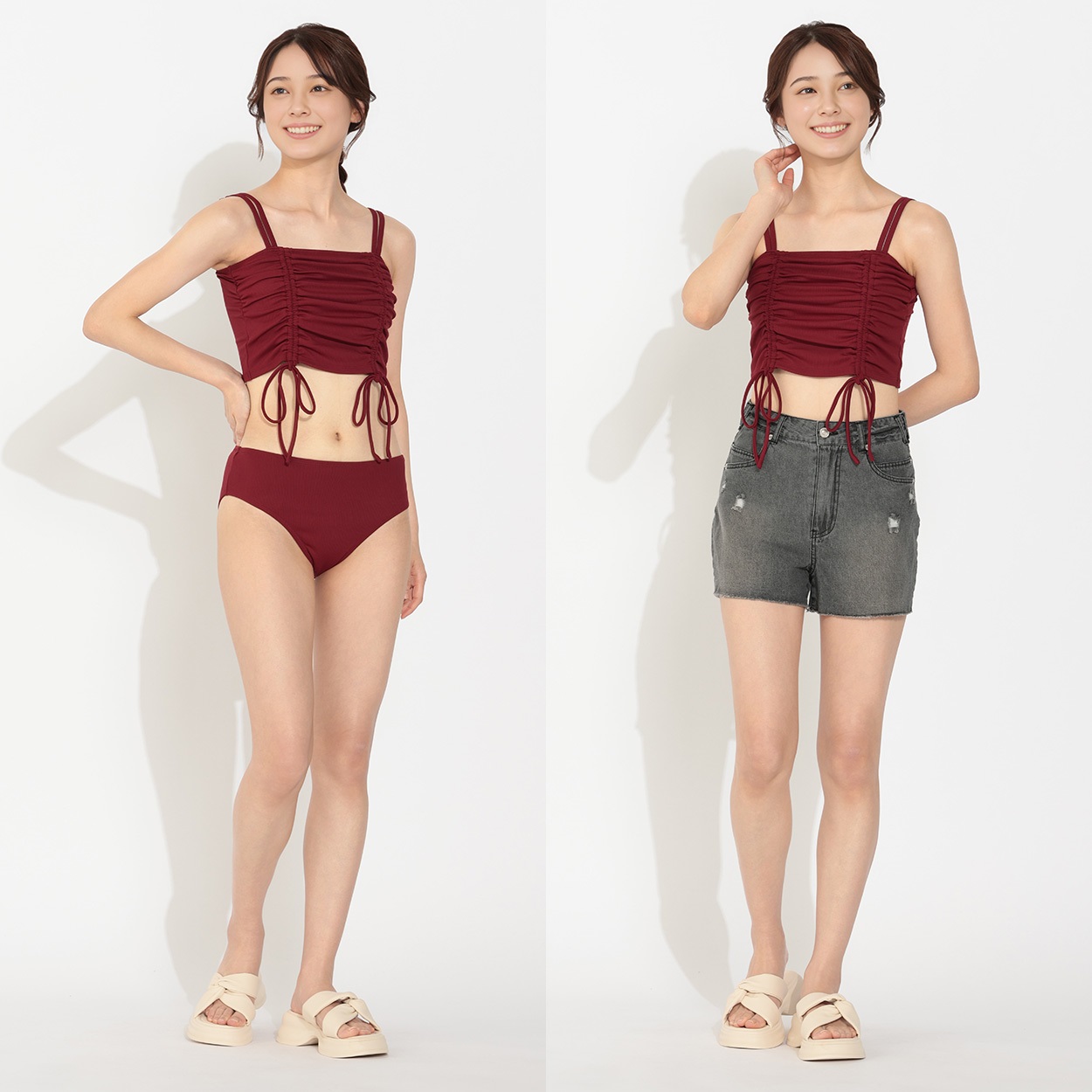 ビキニ３点セット ギャザートップスビキニ デニムパンツ付 Beach Dream レディス BK3-211520-K(コイアカ-9ｺﾞｳ)