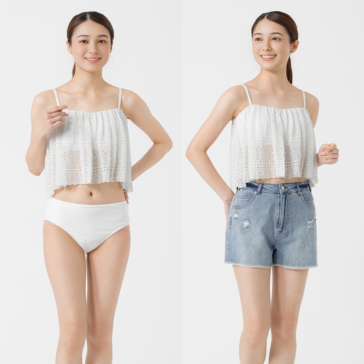ビキニ３点セット フリルニットビキニ デニムパンツ付 Beach Dream レディス BK3-211521-K(シロ-11ｺﾞｳ)