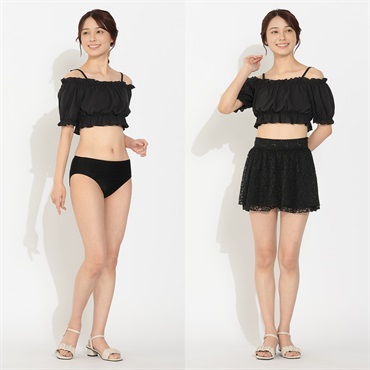 ビキニ３点セット シフォンオフショルビキニ レースキュロットパンツ付 Beach Dream レディス BK3-211523-K(クロ-7ｺﾞｳ)