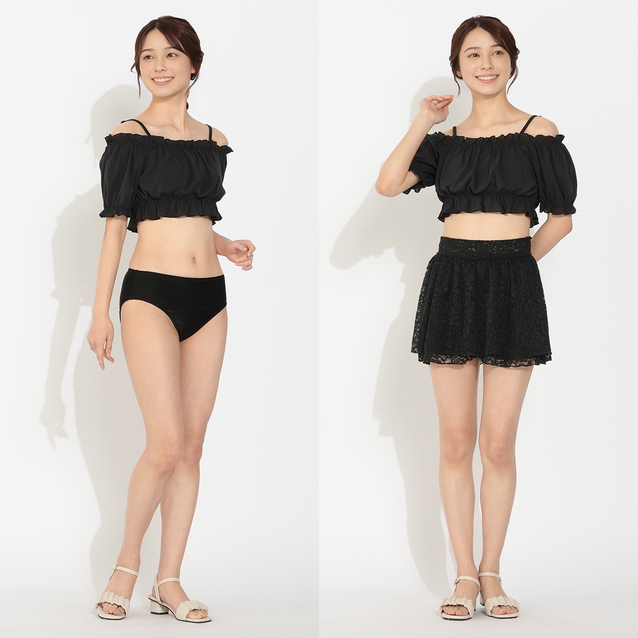 ビキニ３点セット シフォンオフショルビキニ レースキュロットパンツ付 Beach Dream レディス BK3-211523-K(クロ-11ｺﾞｳ)