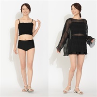 ビキニ4点セット シャーリングビキニ 楊柳トップス キュロットパンツ付 Beach Dream レディス BK4-211505-K(クロ-9ｺﾞｳ)