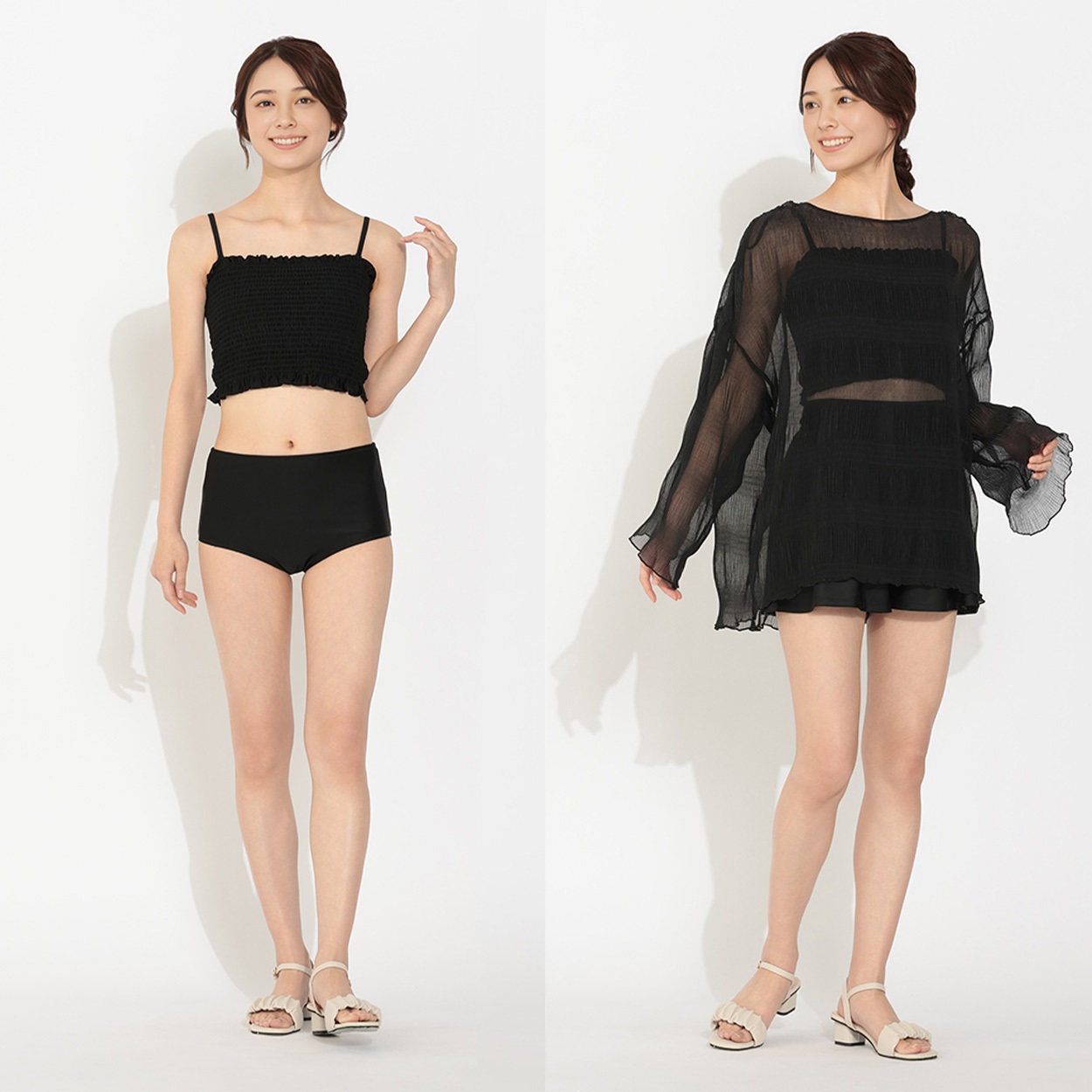ビキニ4点セット シャーリングビキニ 楊柳トップス キュロットパンツ付 Beach Dream レディス BK4-211505-K(クロ-13ｺﾞｳ)