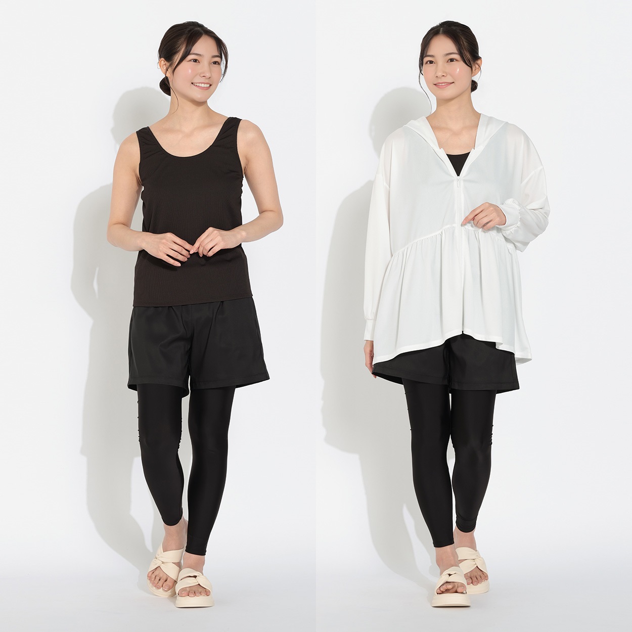 タンキニ３点セット ギャザーラッシュガードパーカー リブタンクトップ ボトム一体型レギンス付 Surf Side Dream レディス TK3-211502-K(シロ-LLL)