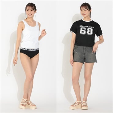 タンキニ4点セット リブタンクトップビキニ ナンバーロゴTシャツ デニムパンツ付 Surf Side Dream レディス TK4-211510-K(クロ-7ｺﾞｳ)