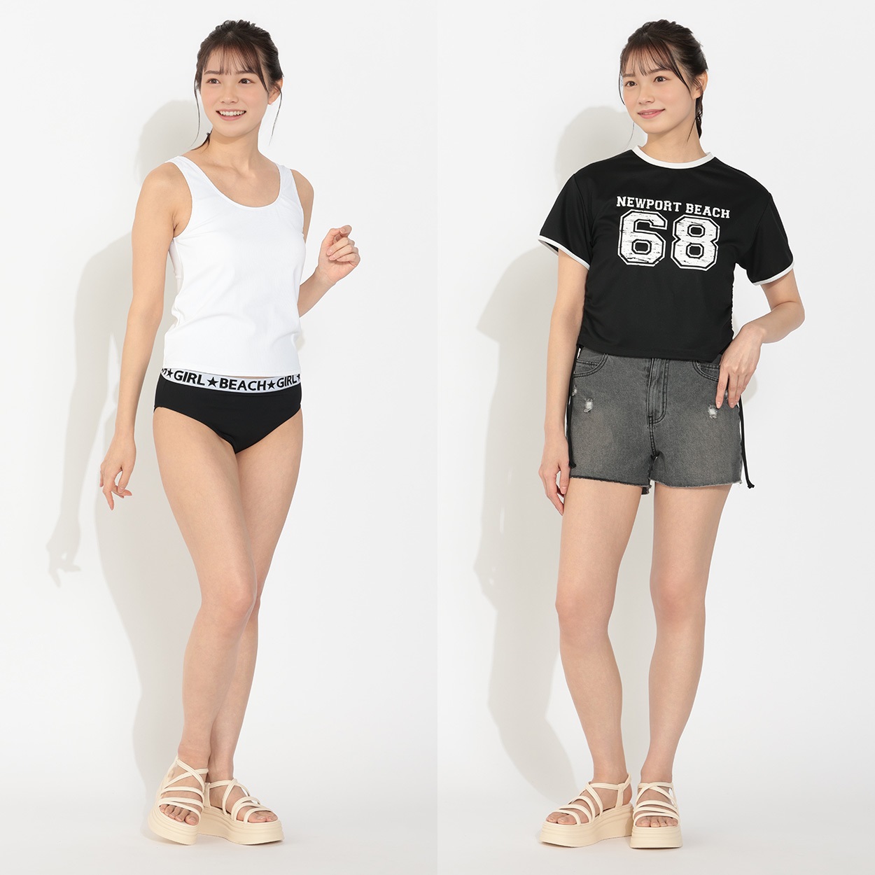2点セット HOMME girls LOGO タンクトップ バイカー ショーツ タンキニ4点セット リブタンクトップビキニ ナンバーロゴTシャツ