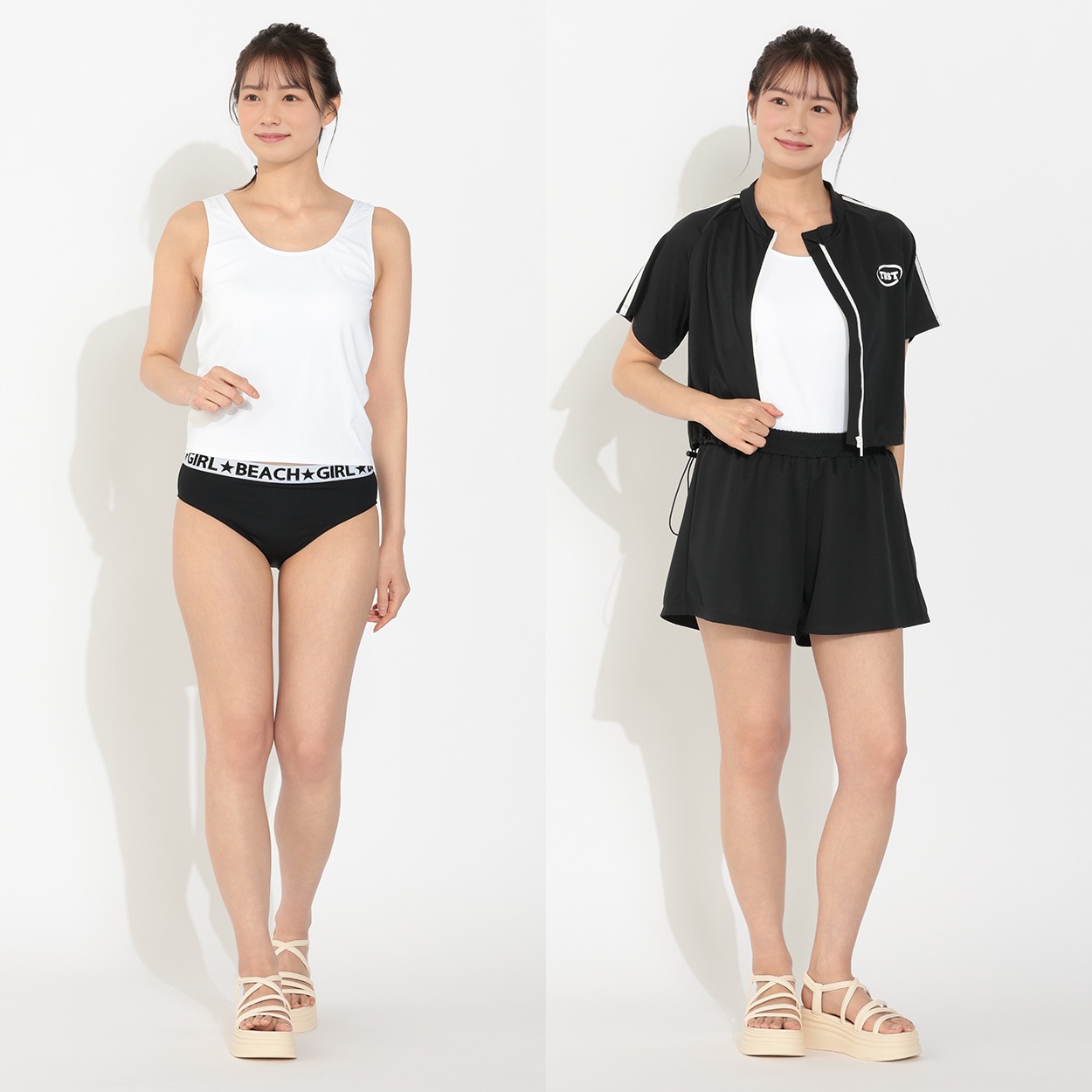 タンキニ4点セット リブタンクトップビキニ 袖ラインラッシュガード キュロットパンツ付 Surf Side Dream レディス TK4-211512-K(クロ-9ｺﾞｳ)