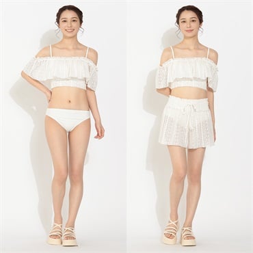 ラッセルレースギャザーフリルオフショルダー キュロットパンツ付き3点セット レディス BK3-419350-K(シロ-7ｺﾞｳ)