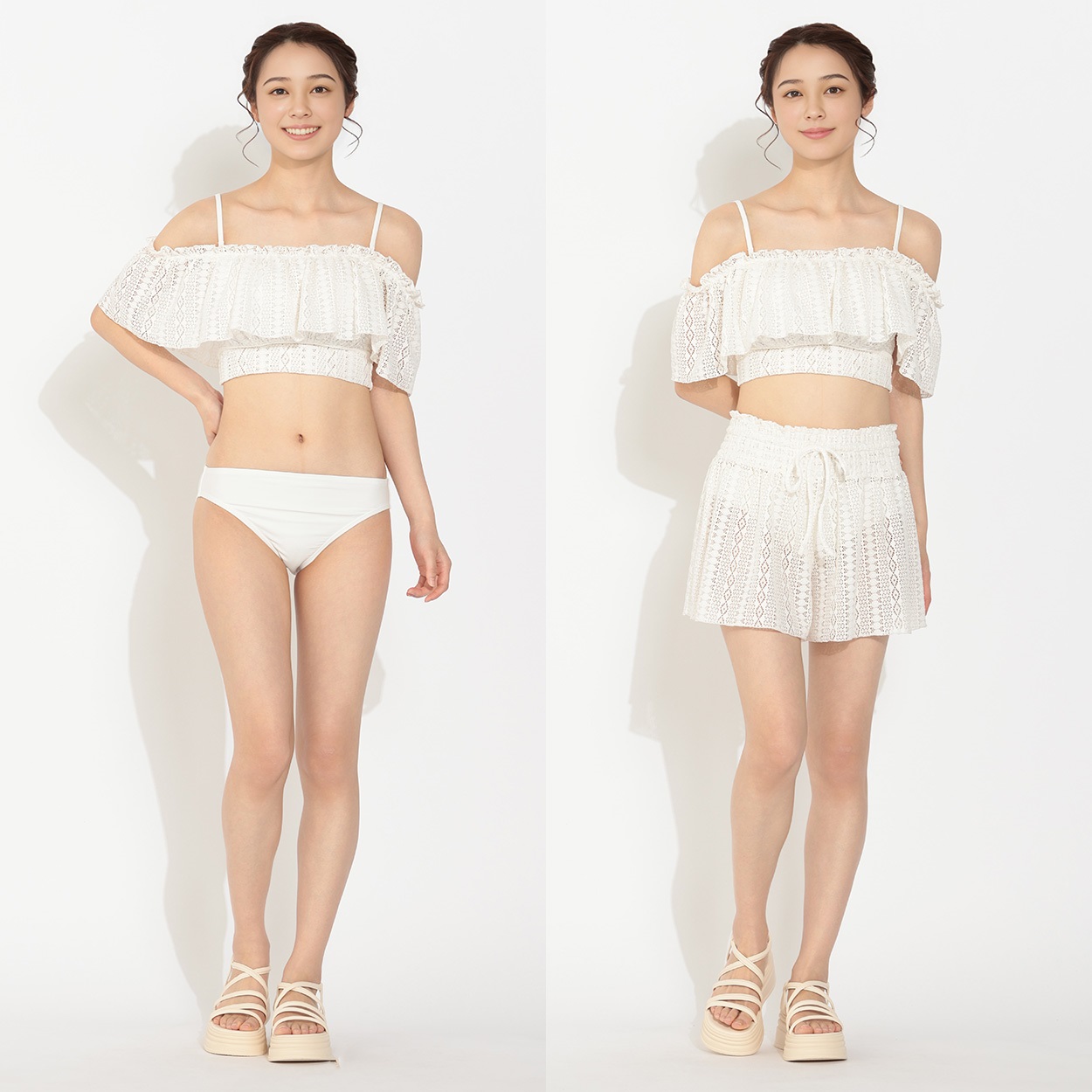 ラッセルレースギャザーフリルオフショルダー キュロットパンツ付き3点セット レディス BK3-419350-K(シロ-9ｺﾞｳ)
