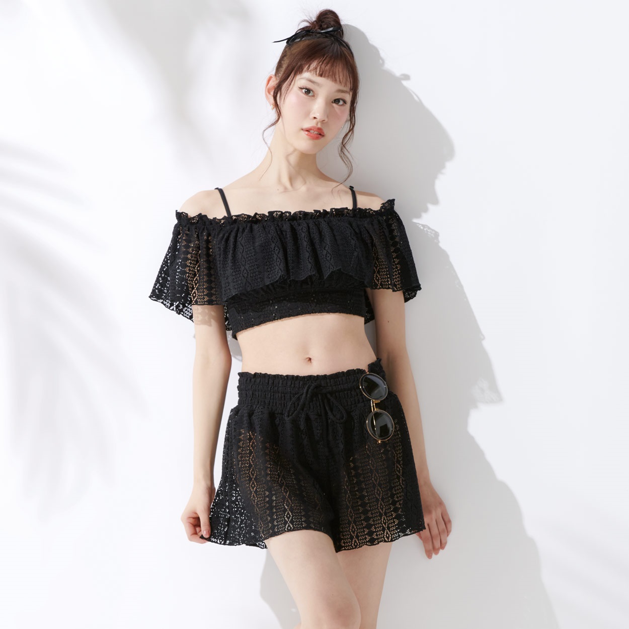 ラッセルレースギャザーフリルオフショルダー キュロットパンツ付き3点セット レディス BK3-419350-K(クロ-11ｺﾞｳ)