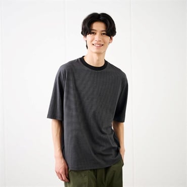 TVC ピースフィットクール 遮熱天竺ボーダー五分袖Tシャツ メンズ(ブラック-L)