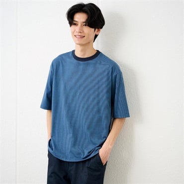 TVC ピースフィットクール 遮熱天竺ボーダー五分袖Tシャツ メンズ(ブルー-S)