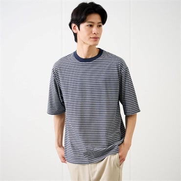 TVC ピースフィットクール 遮熱天竺ボーダー五分袖Tシャツ メンズ(ネイビー-XL)
