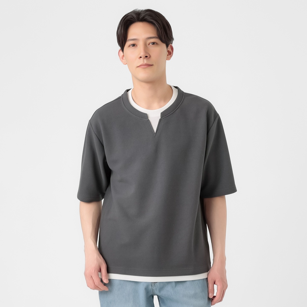 TVC(ティーヴィシー) フェイクレイヤード キーネック半袖Tシャツ メンズ(チャコ－ルグレ－-M)
