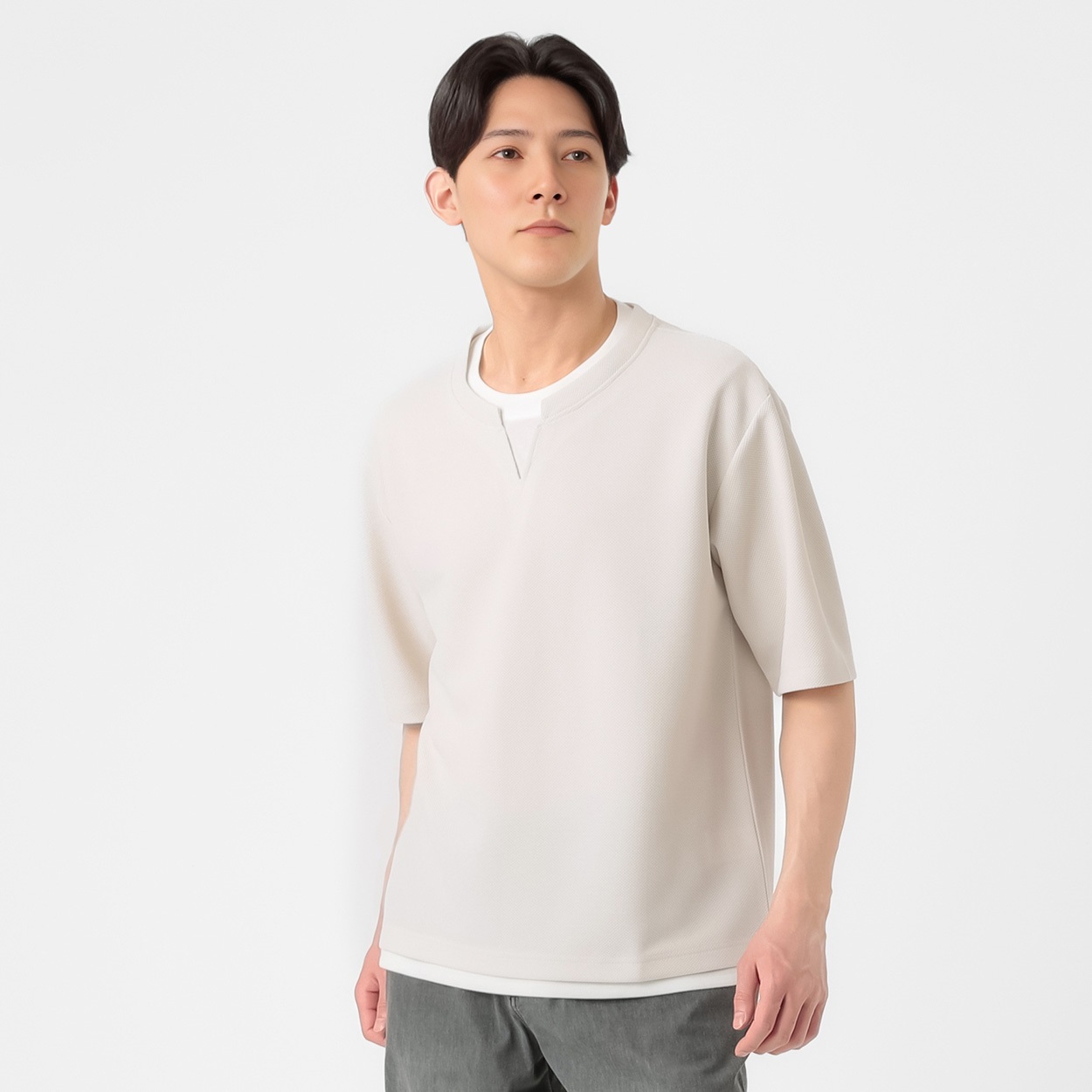 TVC(ティーヴィシー) フェイクレイヤード キーネック半袖Tシャツ メンズ(ウスチャ-S)