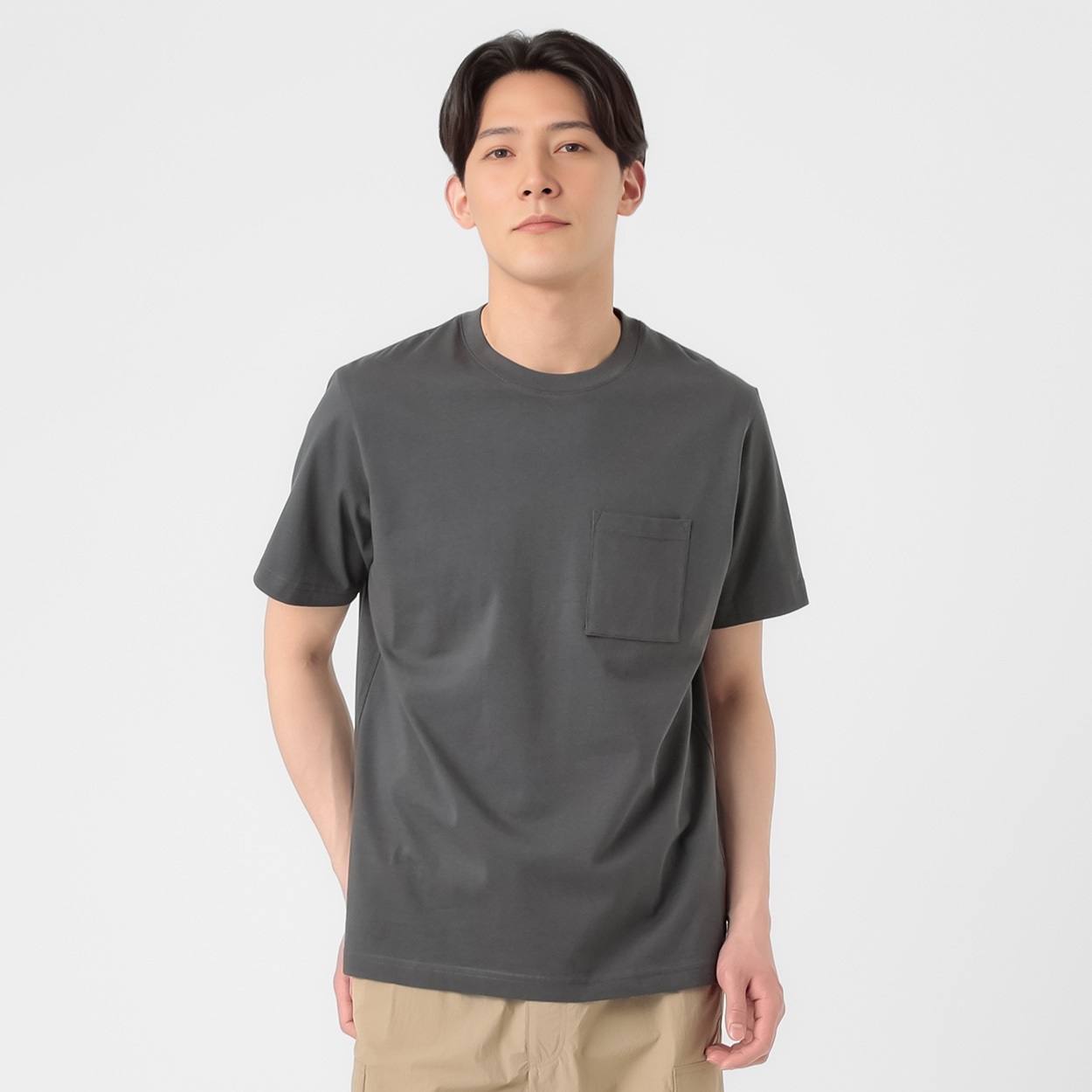 TVC(ティーヴィシー) コットン天竺ポケ付きクルーネック半袖Tシャツ メンズ(チャコ－ルグレ－-S)