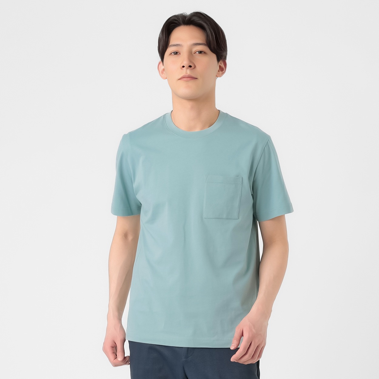 TVC(ティーヴィシー) コットン天竺ポケ付きクルーネック半袖Tシャツ メンズ(ウスアオ-L)