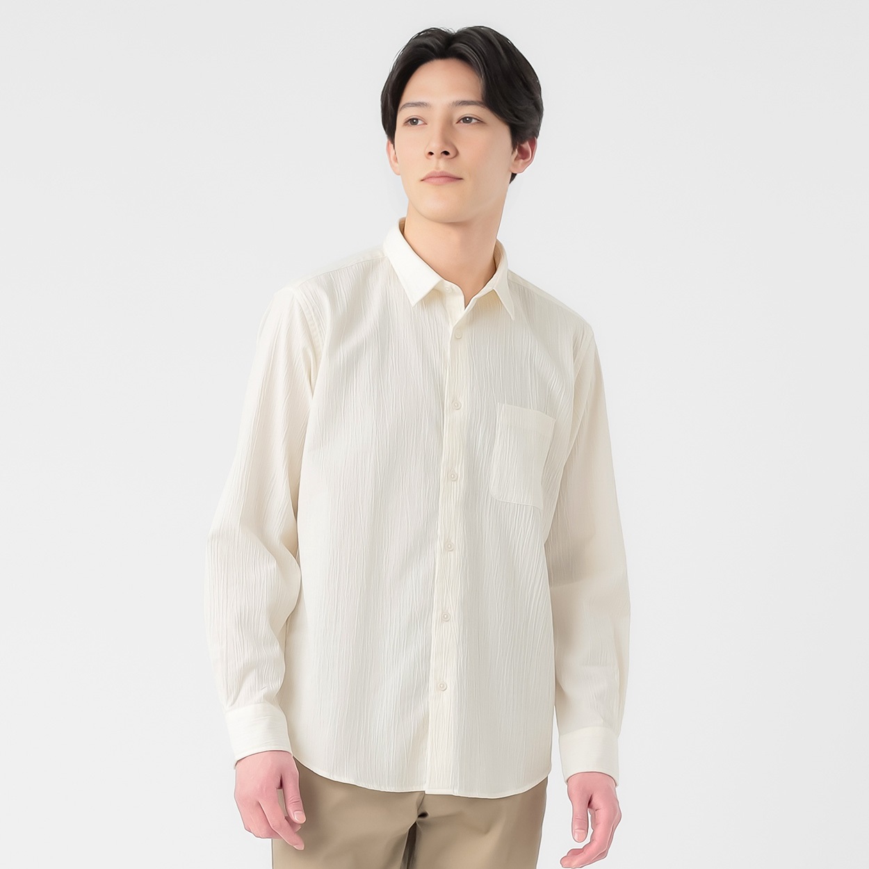 TVC(ティーヴィシー) クレープ長袖レギュラーカラーシャツ メンズ(シロ-XL)