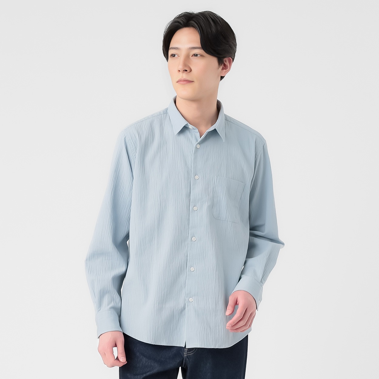 TVC(ティーヴィシー) クレープ長袖レギュラーカラーシャツ メンズ(ウスアオ-XL)