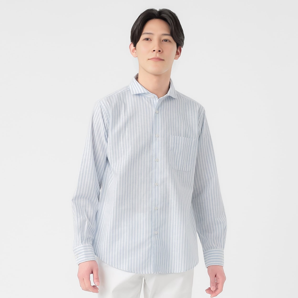 TVC(ティーヴィシー) リネンライクコットン長袖ストライプカッタウェイシャツ メンズ(ウスアオ-XL)