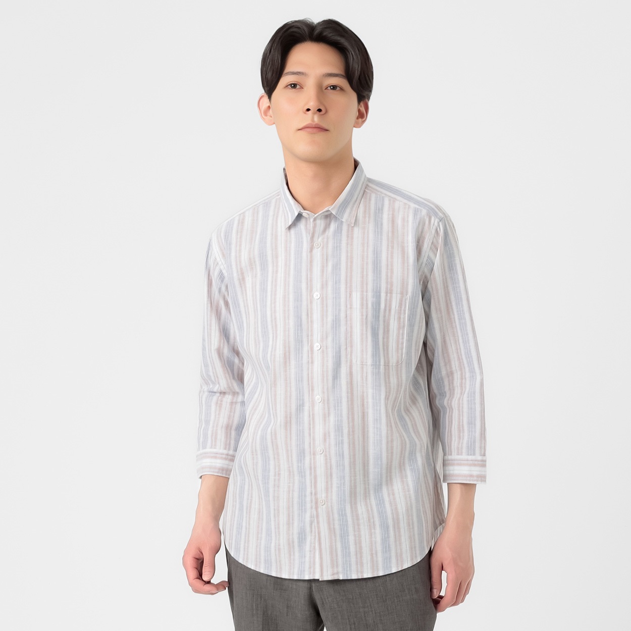 TVC(ティーヴィシー) リネンライク7分袖ストライプレギュラーシャツ メンズ(ダイダイ-XL)
