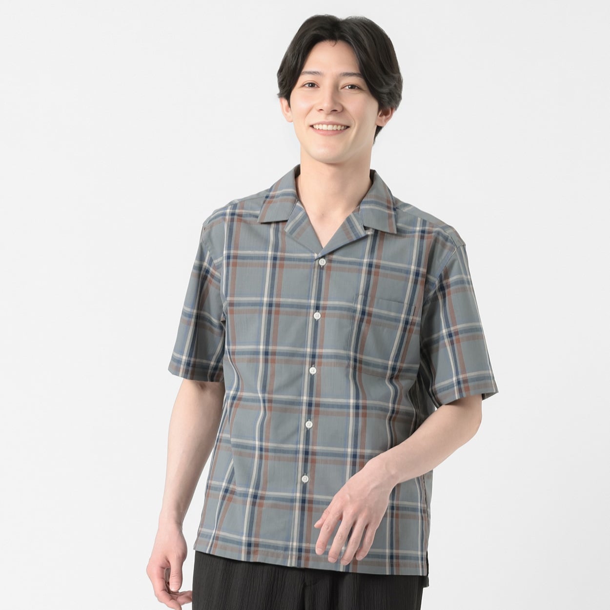 TVC(ティーヴィシー) 麻入り半袖チェックオープンカラーシャツ メンズ(チャコ－ルグレ－-XL)