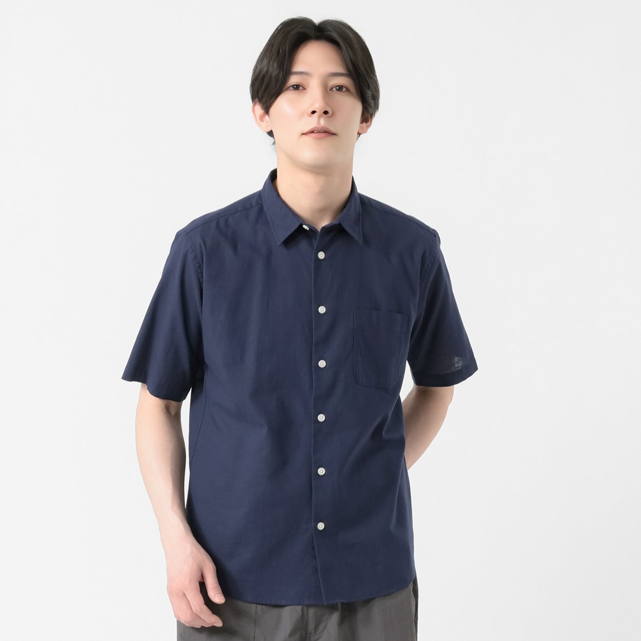 TVC(ティーヴィシー) リネンライクコットン半袖無地レギュラーシャツ メンズ(コイアオ-XL)
