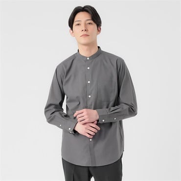 TVC(ティーヴィシー) リネンライクコットン長袖無地バンドカラーシャツ メンズ(チャコ－ルグレ－-S)
