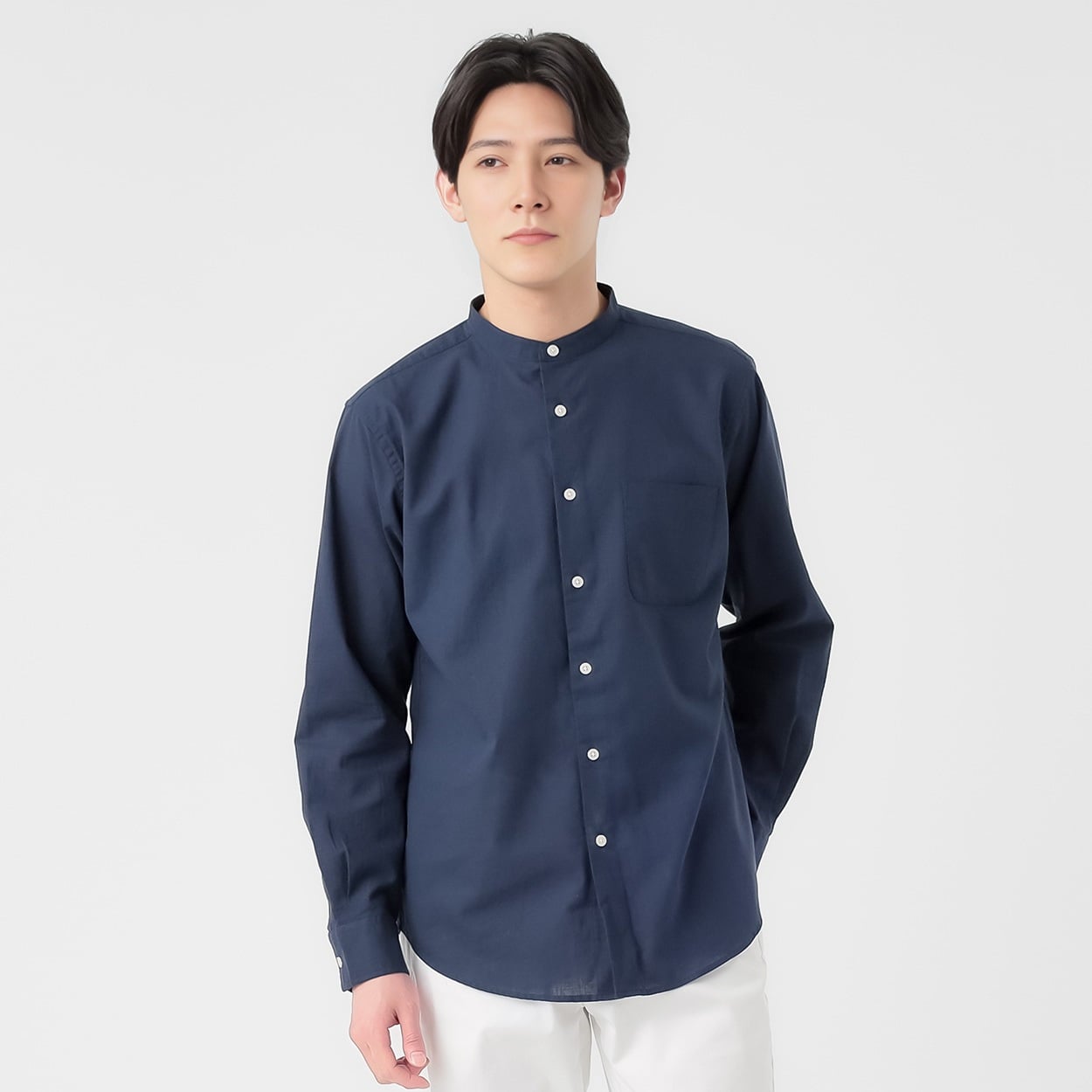 TVC(ティーヴィシー) リネンライクコットン長袖無地バンドカラーシャツ メンズ(コイアオ-XL)