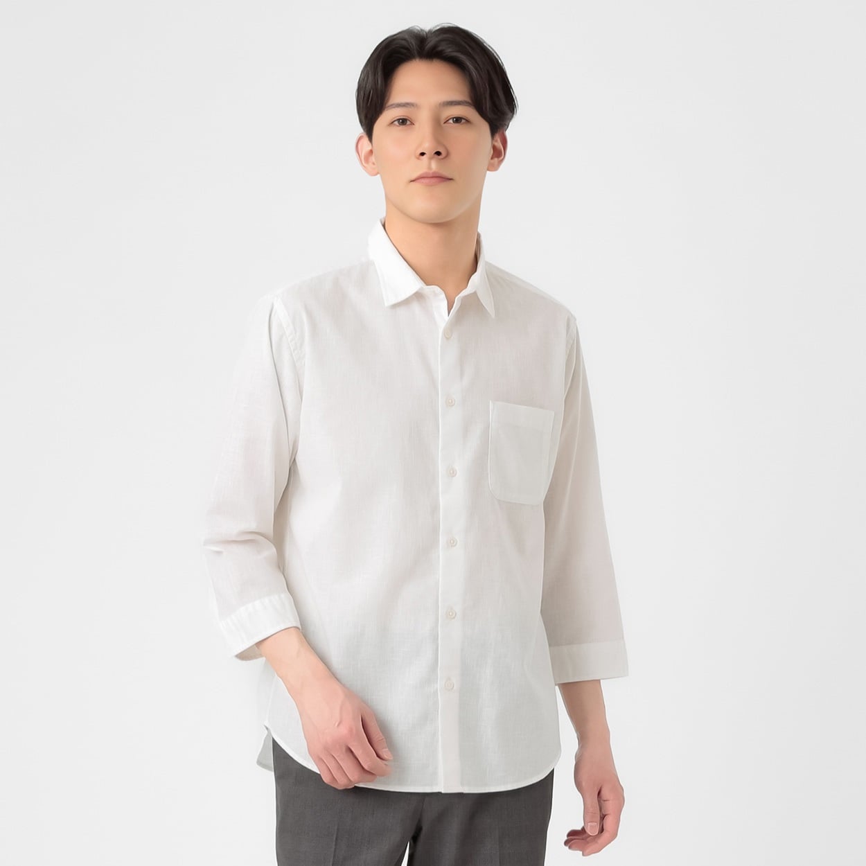 TVC(ティーヴィシー) リネンライクコットン7分袖無地レギュラーシャツ メンズ(シロ-M)
