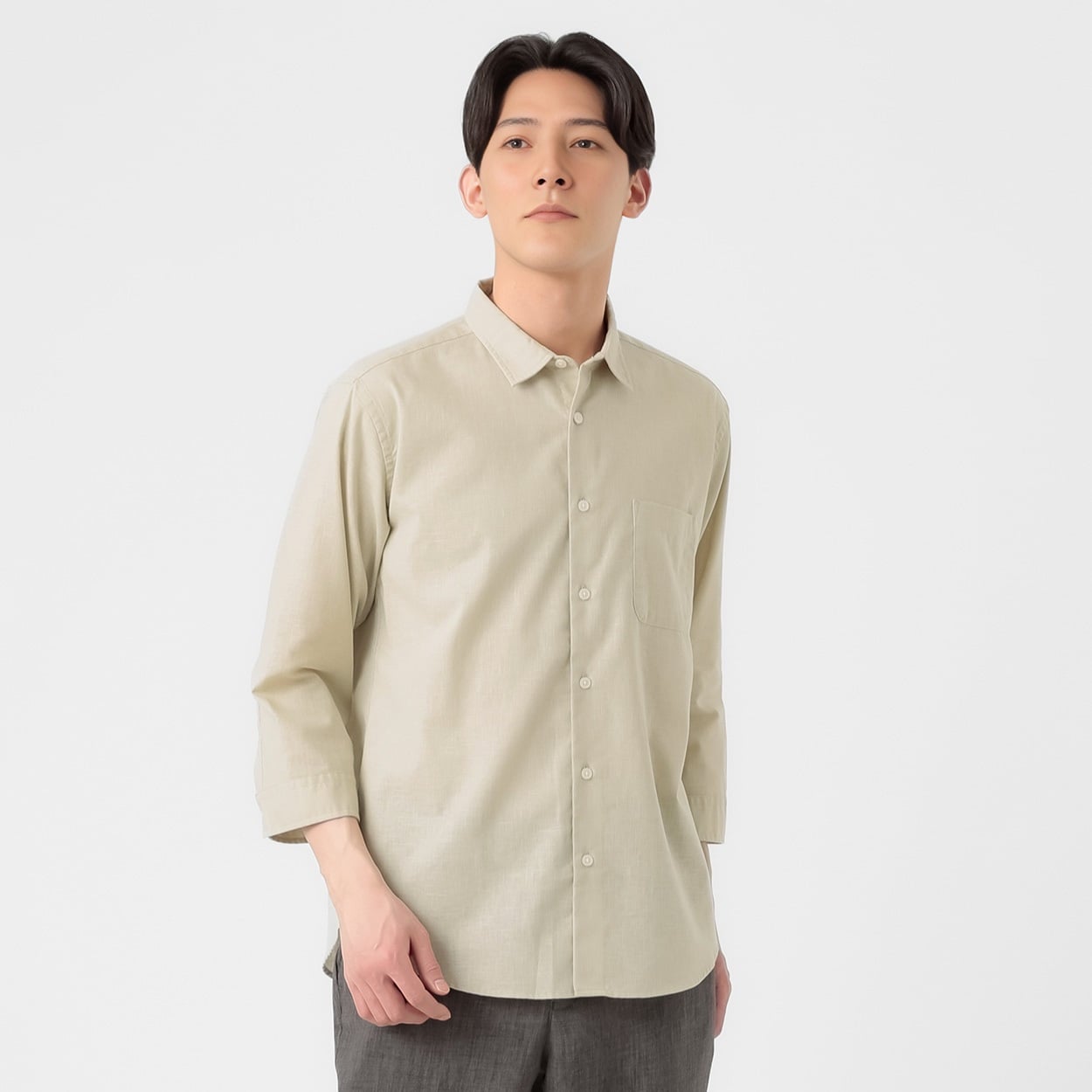 TVC(ティーヴィシー) リネンライクコットン7分袖無地レギュラーシャツ メンズ(ウスチャ-M)