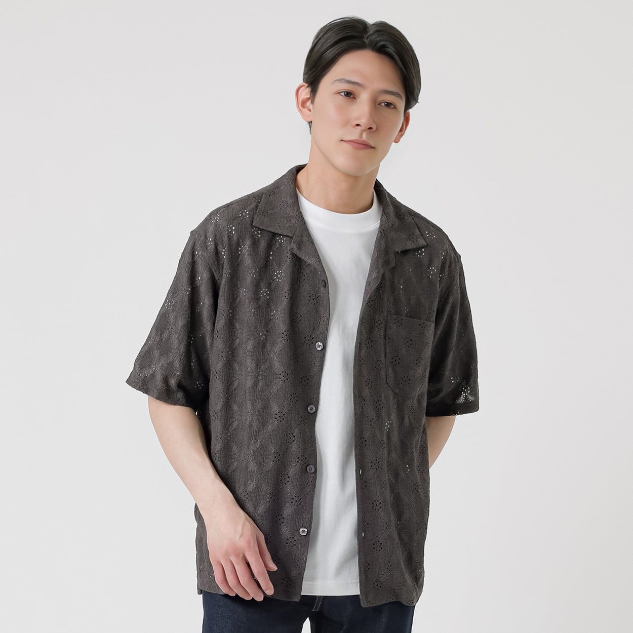 TVC(ティーヴィシー) 透かし編み半袖ニットシャツ メンズ(チャコ－ルグレ－-XL)