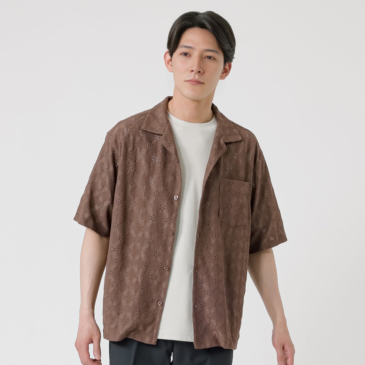 TVC(ティーヴィシー) 透かし編み半袖ニットシャツ メンズ(コイチャ-M)