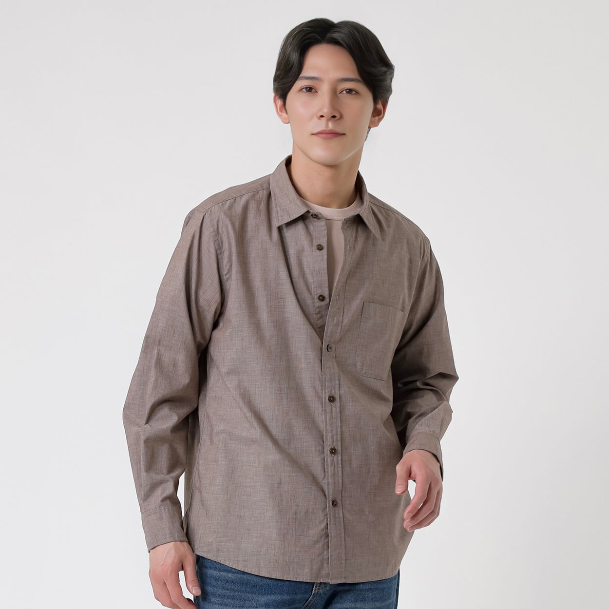 TVC(ティーヴィシー) リメン長袖無地レギュラーシャツ メンズ(チャ-M)