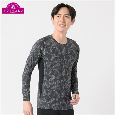 トップバリュ PEACE FIT(ピースフィット) COOL コンプレッションインナー クルーネック 長袖 強力接触冷感 メンズ(ブラック（柄）-Ｍ)