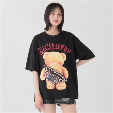 クマプリントバッグTシャツ Doublefocus (ダブルフォーカス)(ブラック-L)