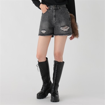 デニム裾フェイクファー付きショートパンツ レディス Doublefocus